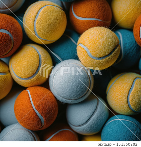 A bunch of tennis balls of different colors and sizes 131350202