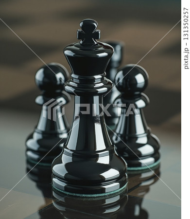 Three black chess pieces are on a glass table Three black chess pieces are on a glass table 131350257