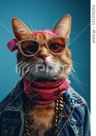 A cat wearing sunglasses and a pink bandana is posing for a photo 131350262