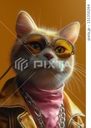 A cat wearing sunglasses and a pink bandana A cat wearing sunglasses and a pink bandana 131350264