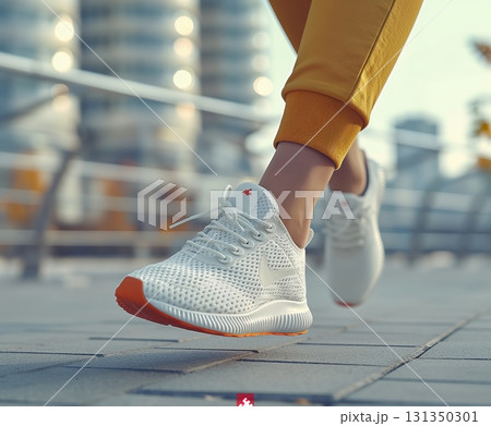 A woman is running in a white Nike shoe A woman is running in a white Nike shoe 131350301