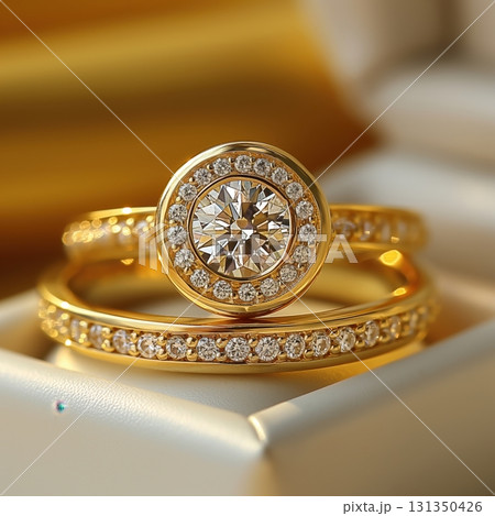 A gold and diamond ring with a diamond in the center 131350426