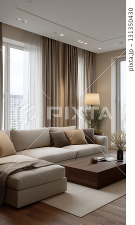Vertical image of interior of white beige brown interior Stylish minimalistic room with design neutral modular sofa, coffee tables, decoration in white beige colors and elegant personal accessories in 131350430
