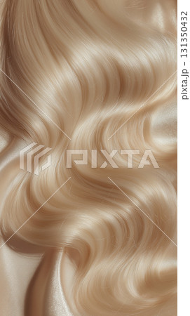 Blond hair close-up as a background. Women's long blonde hair. Beautifully styled wavy shiny curls. Hair coloring. Hairdressing procedures, extension. White hair vertical image 131350432