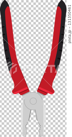 Illustration of metal pliers with red handles and black grip, used for gripping and cutting. 131350461