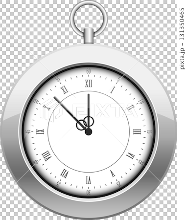 Silver-framed pocket watch with roman numerals on a white face showing eleven o'clock and zero minutes. 131350465