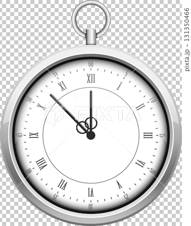 Elegant, silvery pocket watch showing twelve o'clock against a stark black background. 131350466