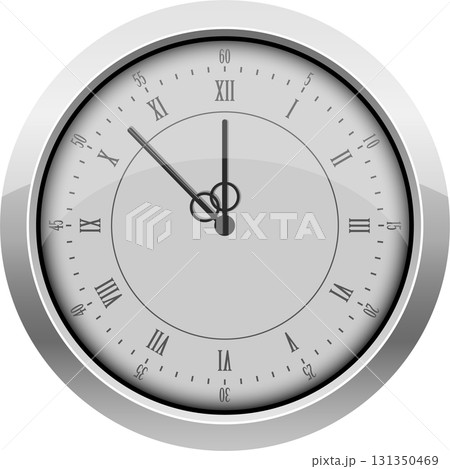 Simple, silver-framed wall clock with Roman numerals. The clock shows it is nearly midnight. Simple, silver-framed wall clock with Roman numerals. The clock shows it is nearly midnight. 131350469