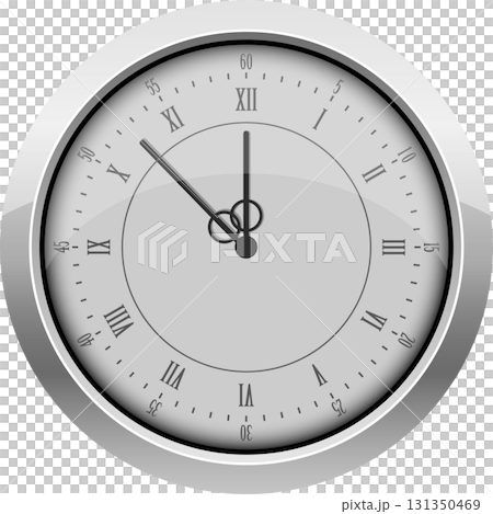 Simple, silver-framed wall clock with Roman numerals. The clock shows it is nearly midnight. Simple, silver-framed wall clock with Roman numerals. The clock shows it is nearly midnight. 131350469