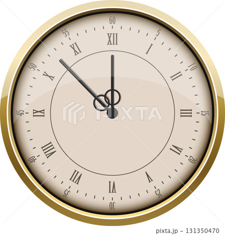 Clock face displays almost 12 o'clock on an analog clock with roman numerals and gold frame. 131350470