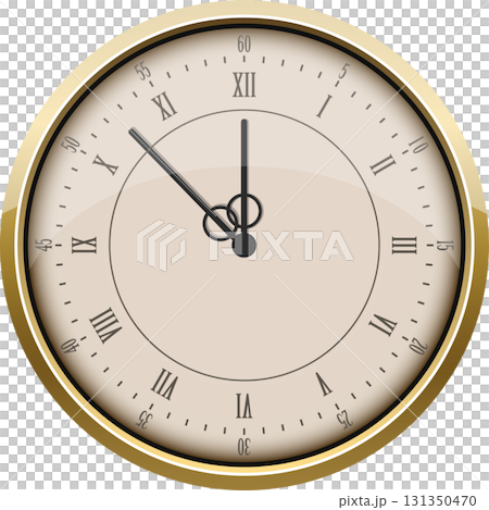 Clock face displays almost 12 o'clock on an analog clock with roman numerals and gold frame. 131350470