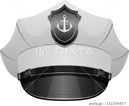 A monochromatic captain's hat with an anchor emblem for maritime themes or nautical fashion. A monochromatic captain's hat with an anchor emblem for maritime themes or nautical fashion. 131350477
