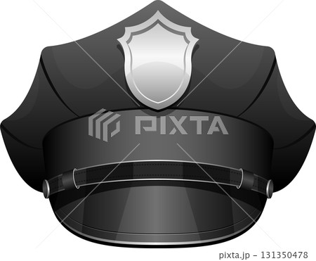 Illustration of a gray police hat, symbol of law enforcement, public safety, and authoritative uniform. 131350478