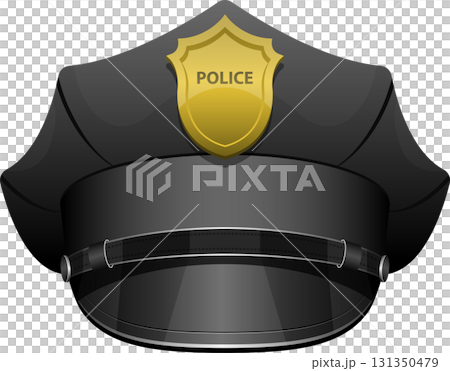 Law enforcement headgear: A black police hat with a golden shield emblem indicating authority. 131350479