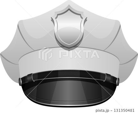 Cartoon rendering of a white peaked cap with a black brim and badge emblem on the front. 131350481