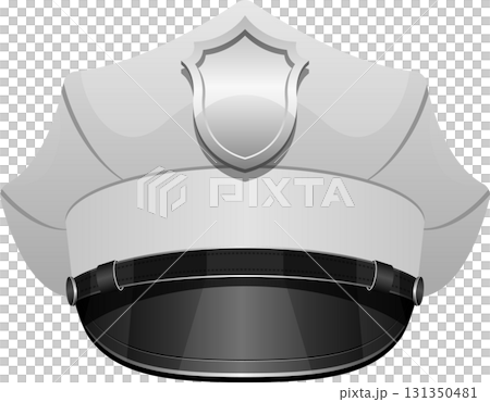 Cartoon rendering of a white peaked cap with a black brim and badge emblem on the front. 131350481