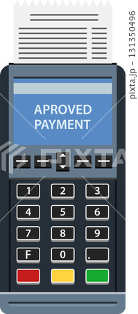 Payment terminal showing confirmation of successful payment with a printed receipt issuing from it. Payment terminal showing confirmation of successful payment with a printed receipt issuing from it. 131350496