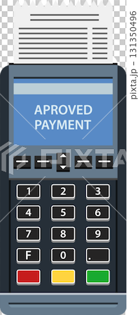 Payment terminal showing confirmation of successful payment with a printed receipt issuing from it. Payment terminal showing confirmation of successful payment with a printed receipt issuing from it. 131350496
