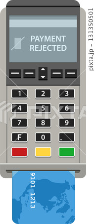 A payment terminal displays "payment rejected" with a credit card inserted for transaction. A payment terminal displays "payment rejected" with a credit card inserted for transaction. 131350501