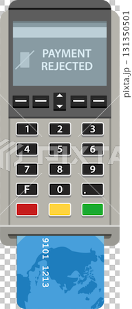 A payment terminal displays "payment rejected" with a credit card inserted for transaction. 131350501