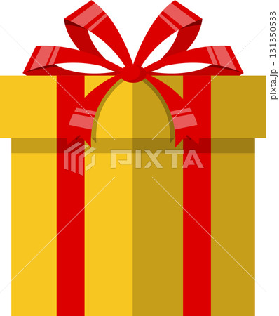 Stylized illustration of a golden gift box wrapped with a red ribbon and bow, on black background. 131350533