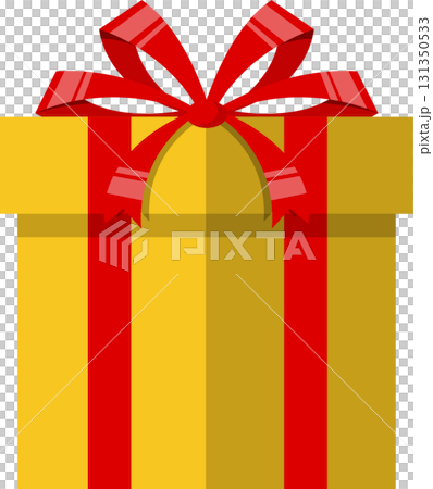 Stylized illustration of a golden gift box wrapped with a red ribbon and bow, on black background. 131350533