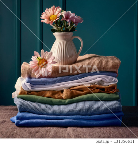 Clothes Pile with Flower Vase Display 131350611