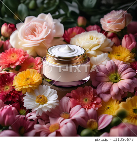 Ethereal Cream Jar Surrounded by Flowers Ethereal Cream Jar Surrounded by Flowers 131350675