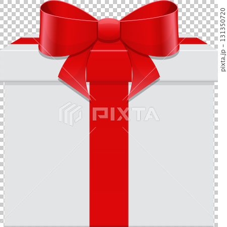 A white gift box tied with a vibrant red ribbon and bow sits ready for a special occasion. 131350720