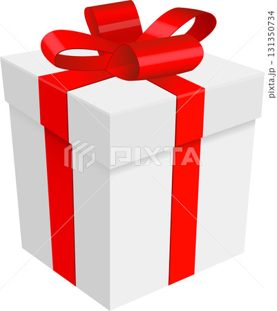 White gift box, adorned with vibrant red ribbon and bow, presents a festive surprise. Boxed gift. White gift box, adorned with vibrant red ribbon and bow, presents a festive surprise. Boxed gift. 131350734
