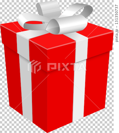 A vibrant red gift box adorned with a white ribbon, perfect for celebrating special occasions. 131350737