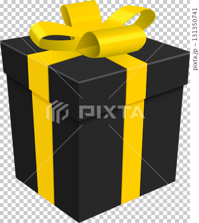 Elegant black gift box with bright yellow ribbon and bow, beautifully wrapped for a special event. 131350741