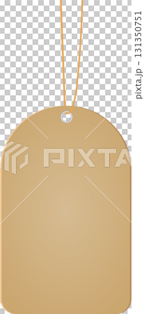 A blank brown tag with rounded corners hangs from a light brown string against a black background. 131350751