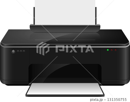 Modern black printer shown against black background with two sheets of paper in the device. 131350755