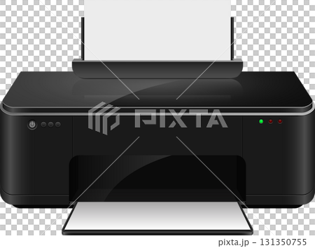 Modern black printer shown against black background with two sheets of paper in the device. Modern black printer shown against black background with two sheets of paper in the device. 131350755