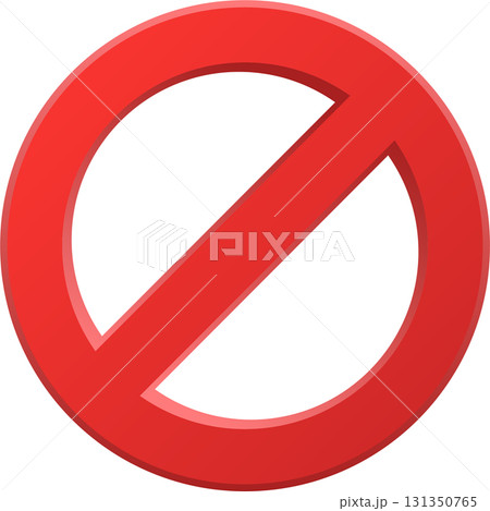 A prohibition sign featuring a red circle with a red diagonal line through it over black background. 131350765