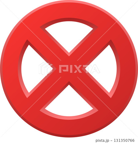 Circular emblem with a bold red X, simple design suggesting crossing, prohibition, or target symbol. 131350766