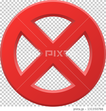 Circular emblem with a bold red X, simple design suggesting crossing, prohibition, or target symbol. 131350766