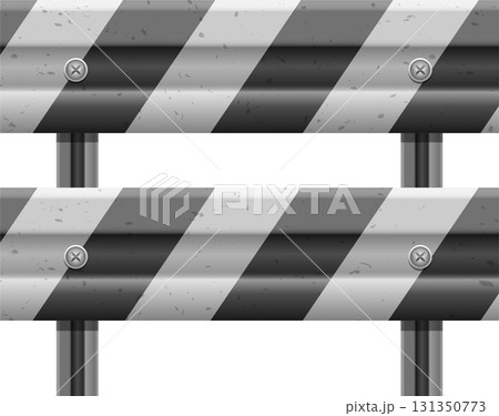 Metal barriers with striped black and grey surface attached with screws on metal supports. Metal barriers with striped black and grey surface attached with screws on metal supports. 131350773