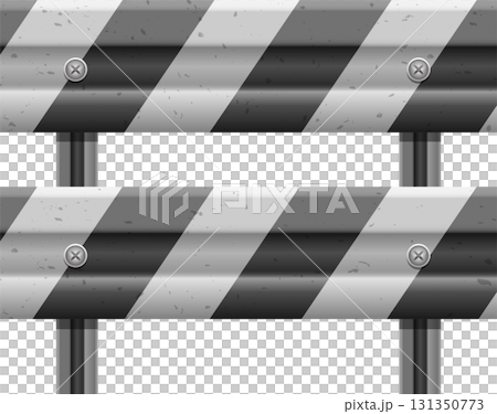 Metal barriers with striped black and grey surface attached with screws on metal supports. Metal barriers with striped black and grey surface attached with screws on metal supports. 131350773