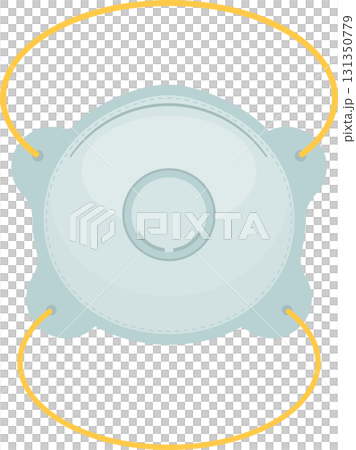 A protective face mask with elastic straps in yellow against a solid black background. 131350779