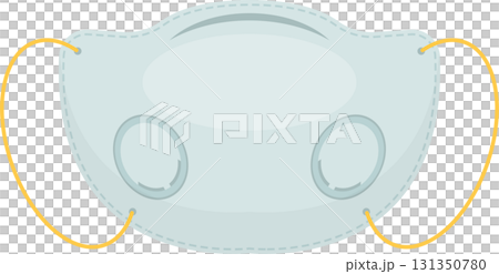 Cartoon medical mask, light blue color with a double ring around the two air filter vents. 131350780