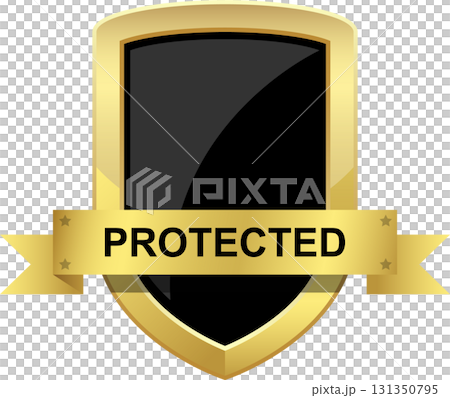 A golden shield with the word PROTECTED on a ribbon against a black background with glossy reflections. A golden shield with the word PROTECTED on a ribbon against a black background with glossy reflections. 131350795
