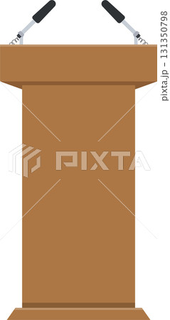 A wooden podium with two microphones stands ready for a speaker to deliver their message. A wooden podium with two microphones stands ready for a speaker to deliver their message. 131350798