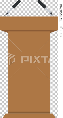 A wooden podium with two microphones stands ready for a speaker to deliver their message. 131350798
