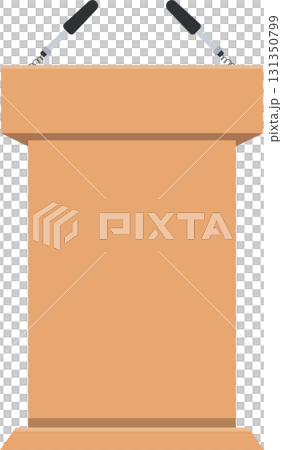 A light brown wooden podium with two microphones attached for speeches or presentations. 131350799