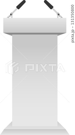 Formal speaking podium in gray with two microphones for lectures, events, or presentations. Formal speaking podium in gray with two microphones for lectures, events, or presentations. 131350800