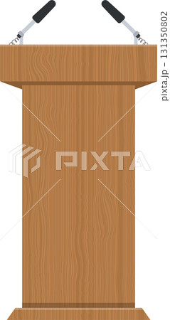 Wooden podium with two microphones for public speaking, lectures, or presentations on stage. 131350802