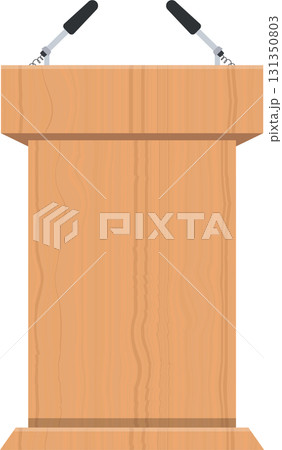 A simple, wooden podium with two microphones is shown against a black background. 131350803