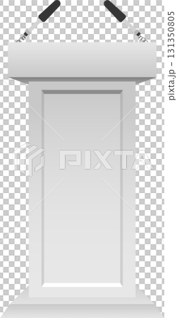 Image of a white speaker's podium with two microphones, isolated on a black background. 131350805